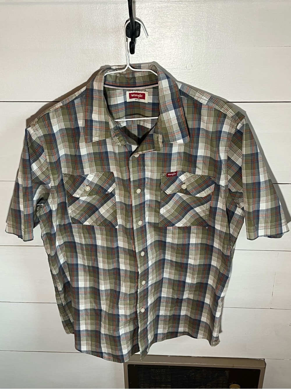 Wrangler Men’s Short Sleeve Plaid Button-Down Shirt — Green, Blue, White
